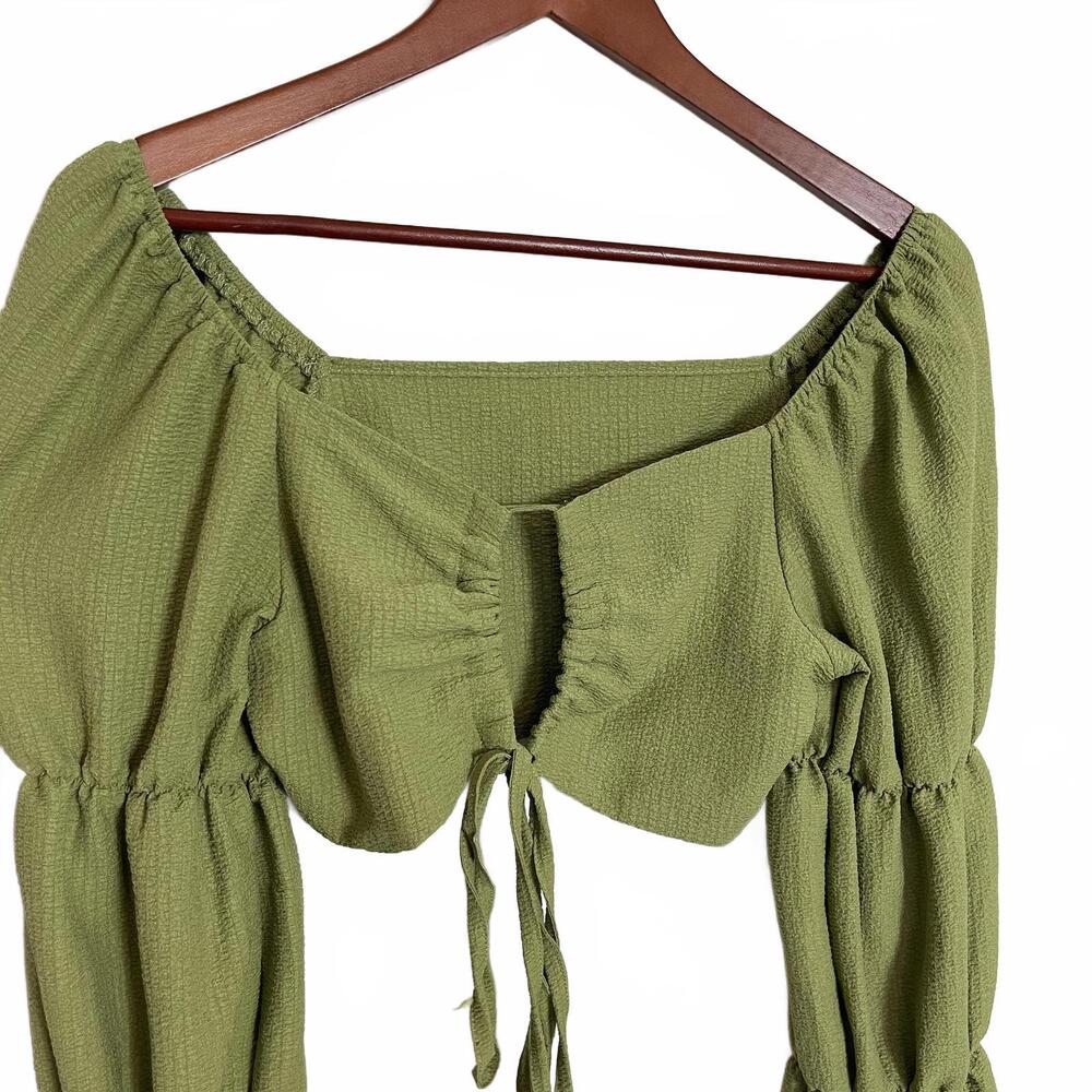 Tie Front Key Hole Long Balloon Sleeve Crop Top | Fairy Cottagecore Western Boho - Picture 4 of 6